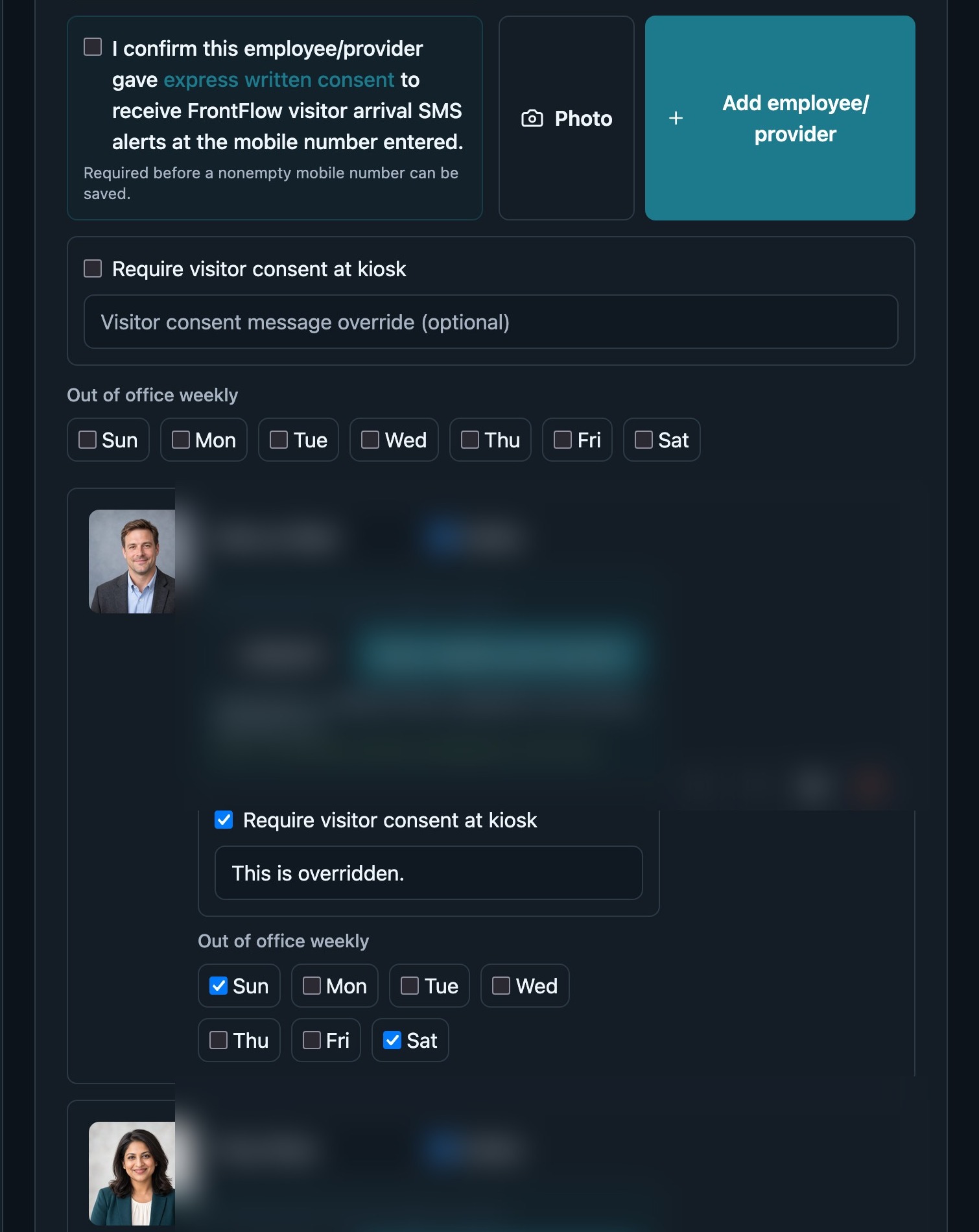 FrontFlow admin employee settings with consent and out of office controls and mobile numbers redacted