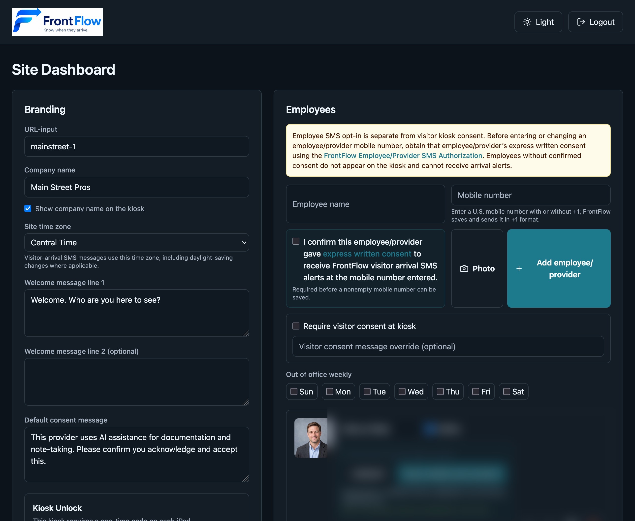 FrontFlow site dashboard showing branding and employee controls with mobile numbers redacted