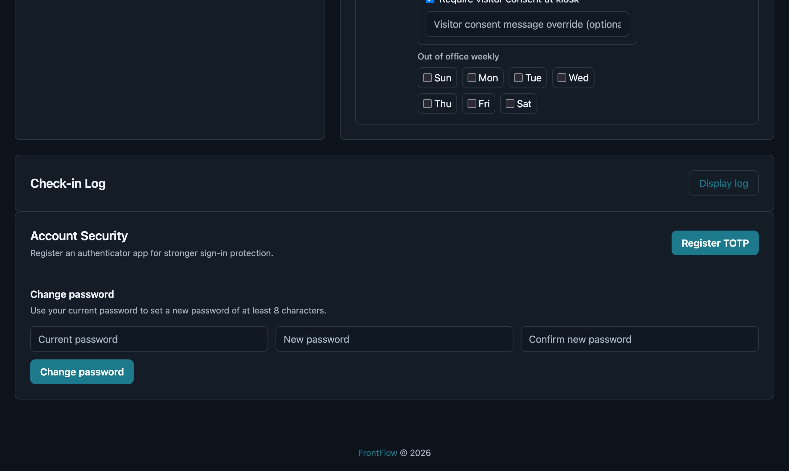 FrontFlow Account Security area showing TOTP registration and password controls